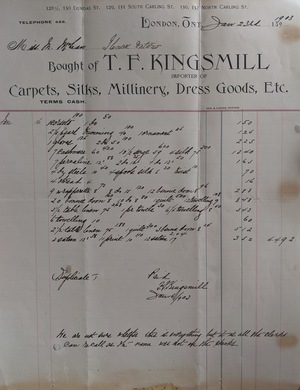 Bought of T.F. KINGSMILL IMPORTER OF Carpets, Silks, Millinery, Dress Goods, Etc. Bought of T.F. KINGSMILL IMPORTER OF Carpets, Silks, Millinery, Dress Goods, Etc.